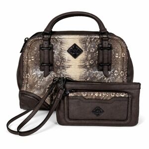 Simply Vera Vera Wang Satchel and Wristlet Brown Snakeskin Embossed Faux Leather